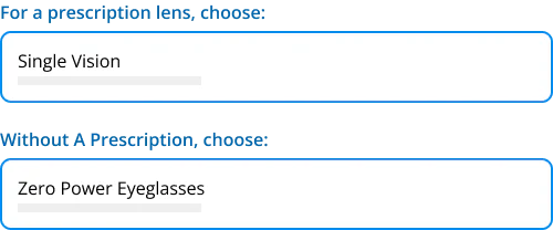 Prescription lens selection options